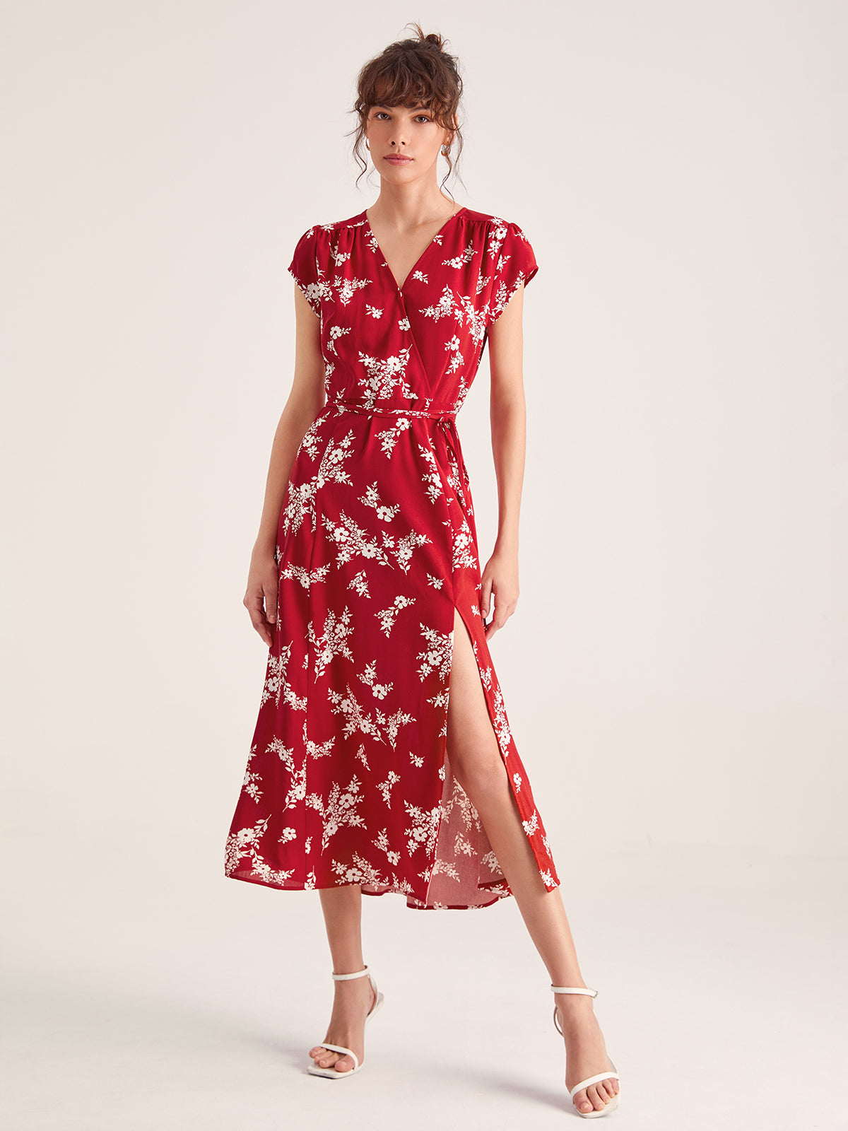 Ruby Balloon Floral Wrap Tie Front Midi Dress