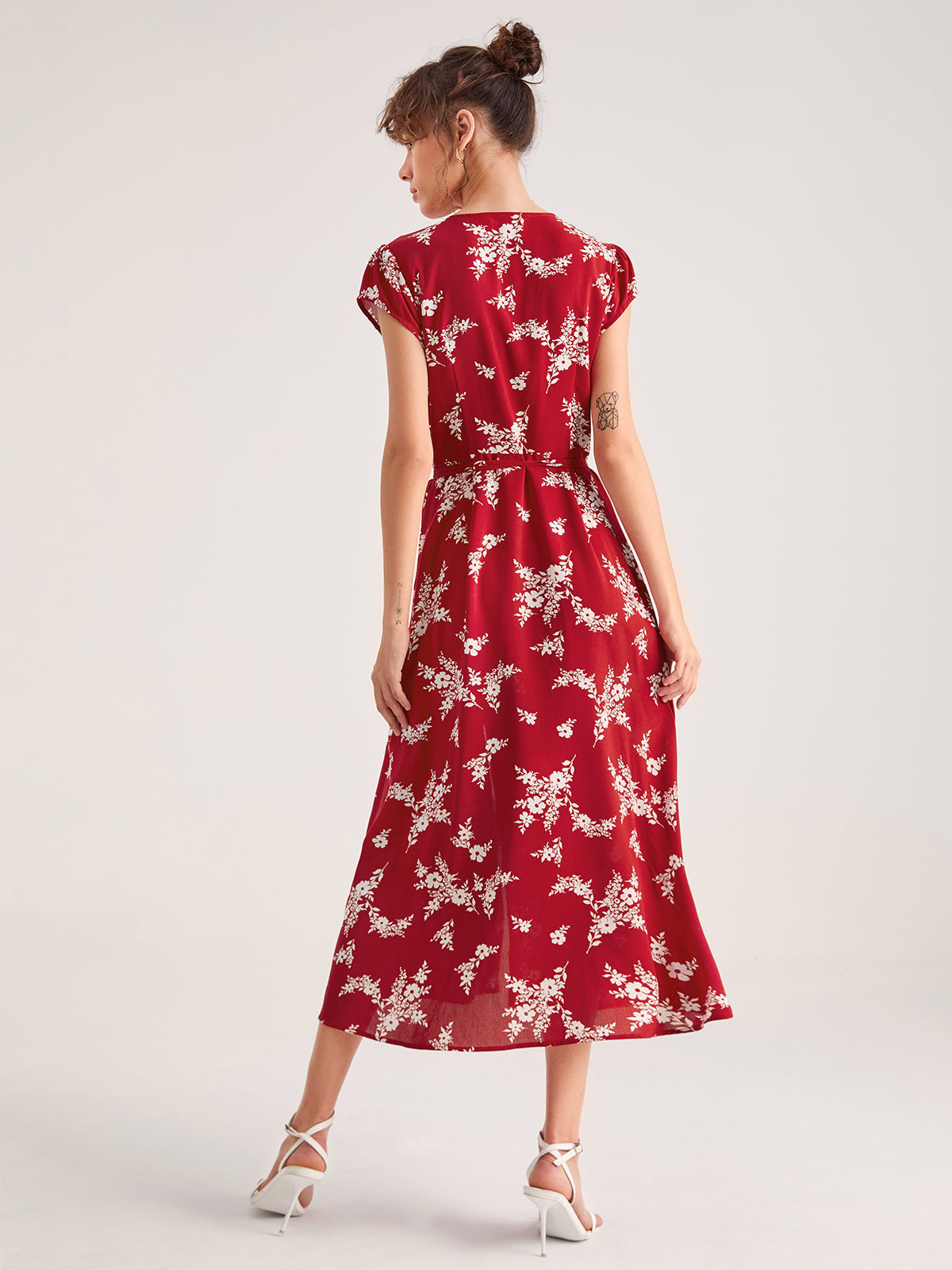 Ruby Balloon Floral Wrap Tie Front Midi Dress