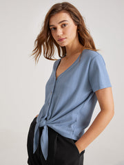 V-Neck Tie Front Button Top