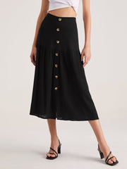 High Waisted Button Front Midi Skirt