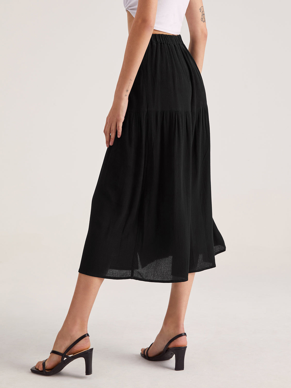 High Waisted Button Front Midi Skirt