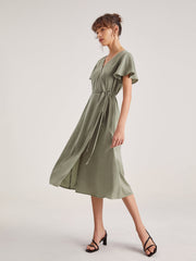 Flutter Sleeve Side Tie Wrap Midi Dress