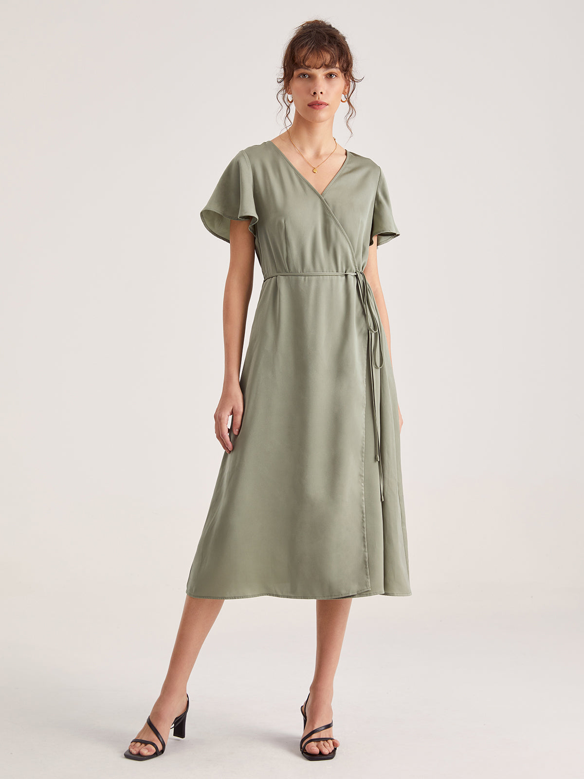 Flutter Sleeve Side Tie Wrap Midi Dress