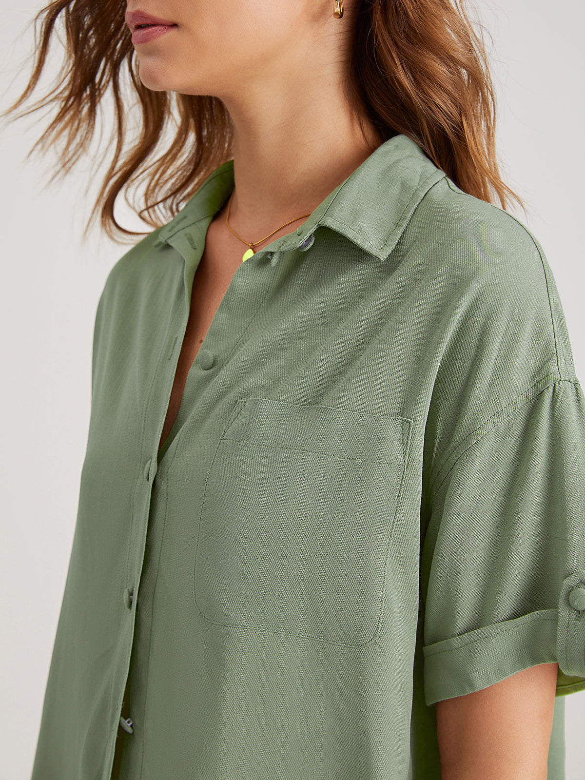 Folded Sleeve Relaxed Fit Button Up Shirt