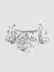 Short Puff Sleeve Floral Tie Front Top