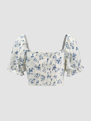 Short Puff Sleeve Floral Tie Front Top