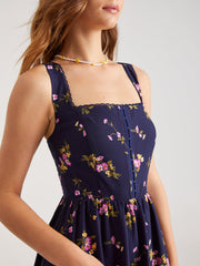 Floral Front Hook-and-Eye Zip Up Square Neck Midi Dress