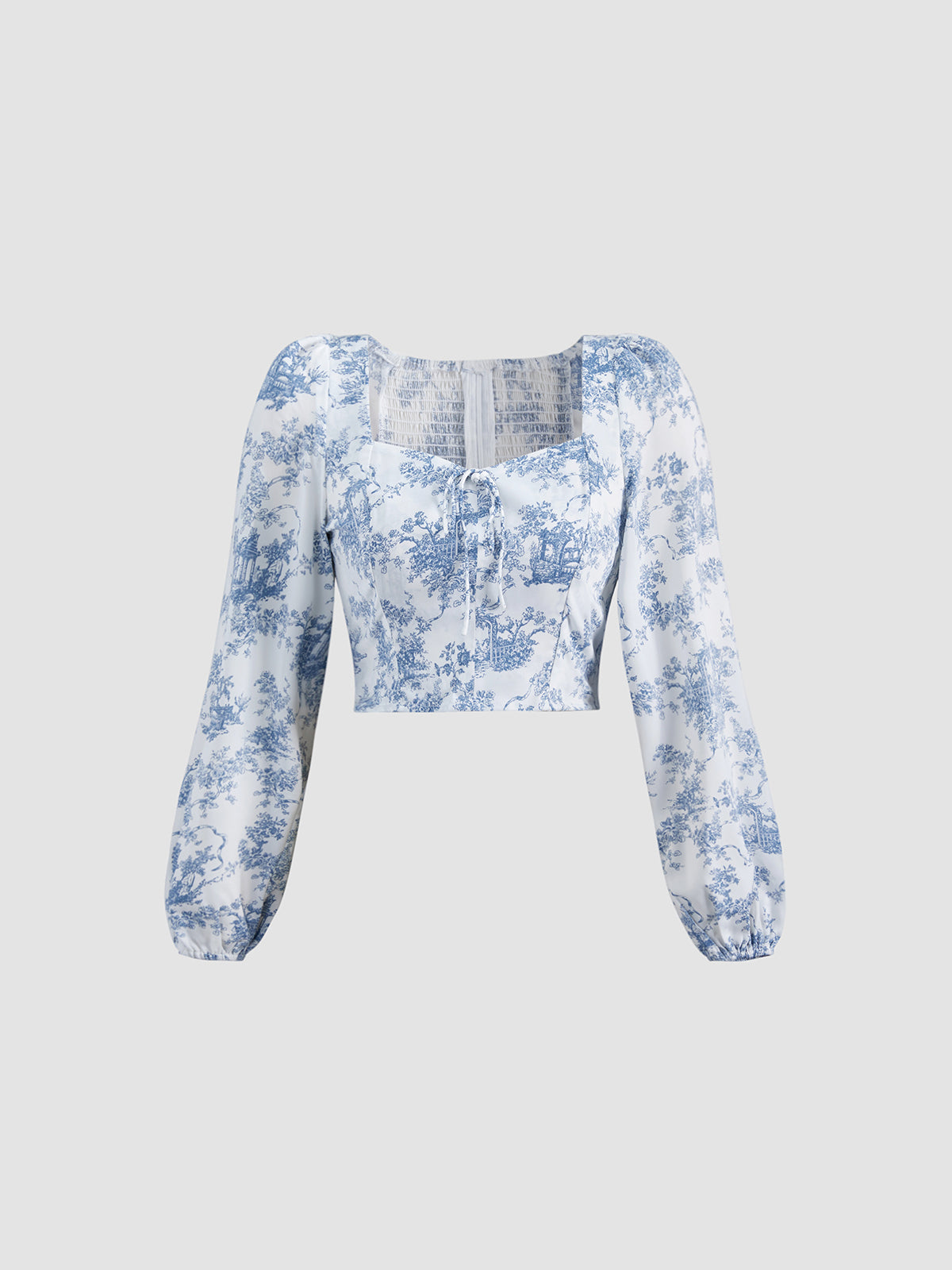 Cropped Heritage Floral Indigo Square Neck Longs Puff Sleeve Top