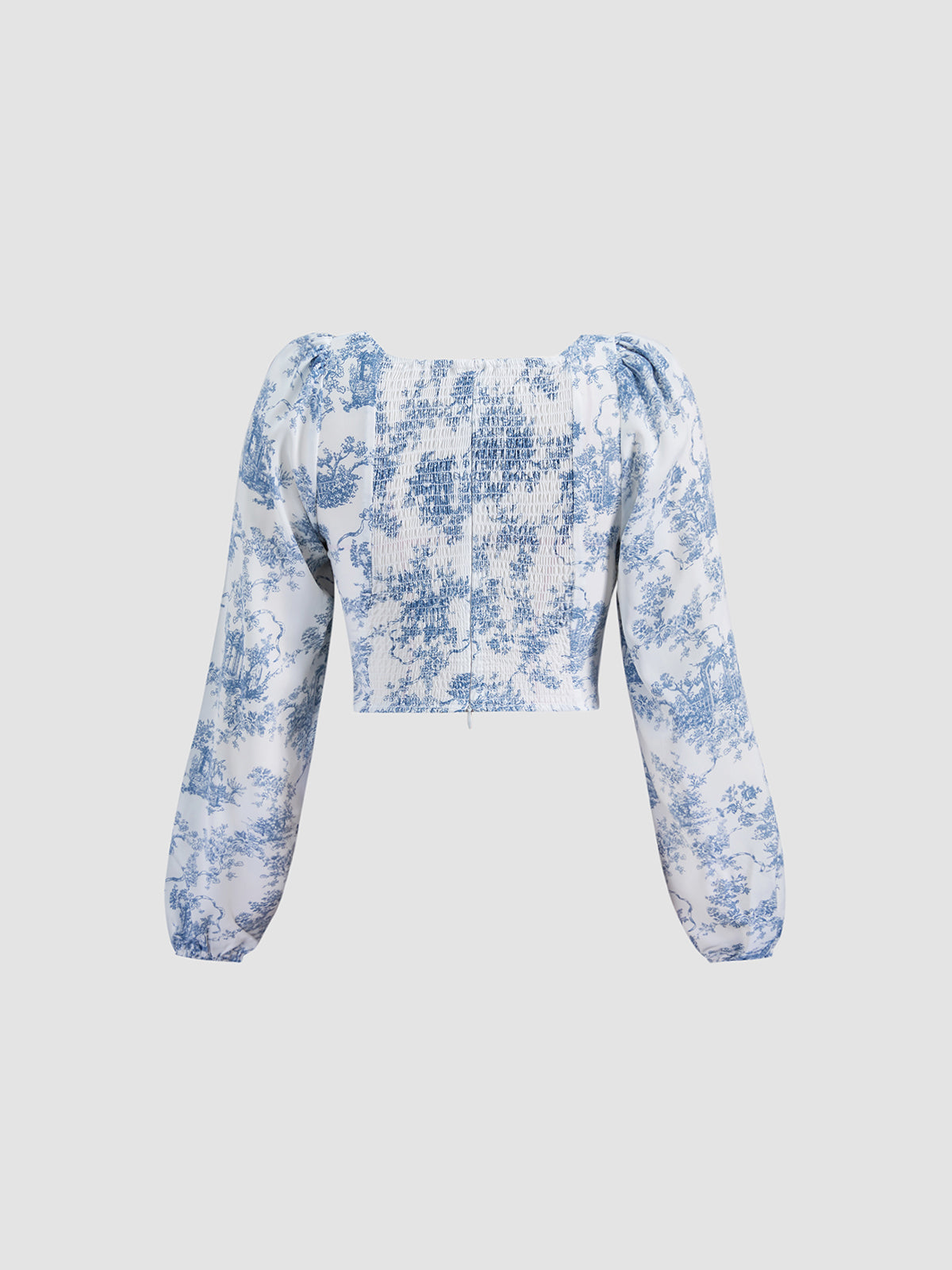 Cropped Heritage Floral Indigo Square Neck Longs Puff Sleeve Top