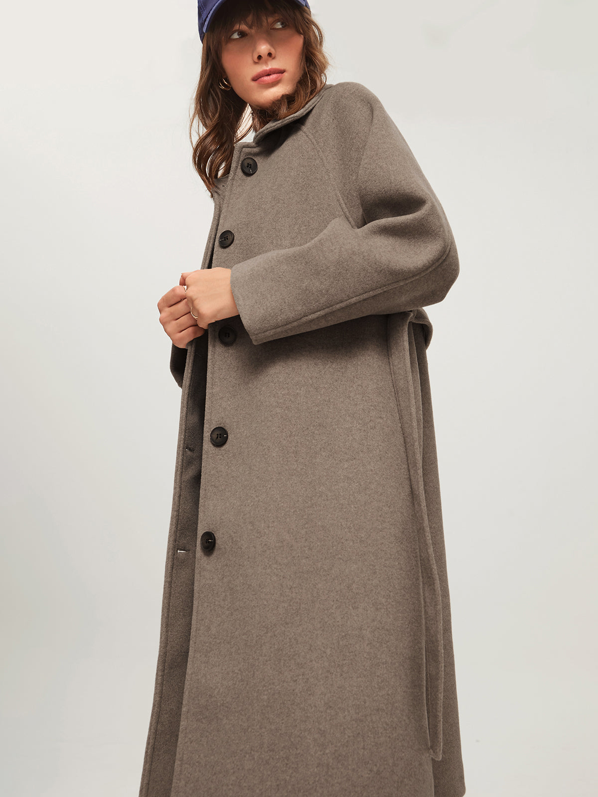 Brushed Wool Belted Long Overcoat