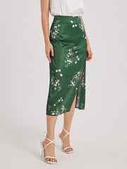 Floral Forest Emerald Green Satin Slit Skirt