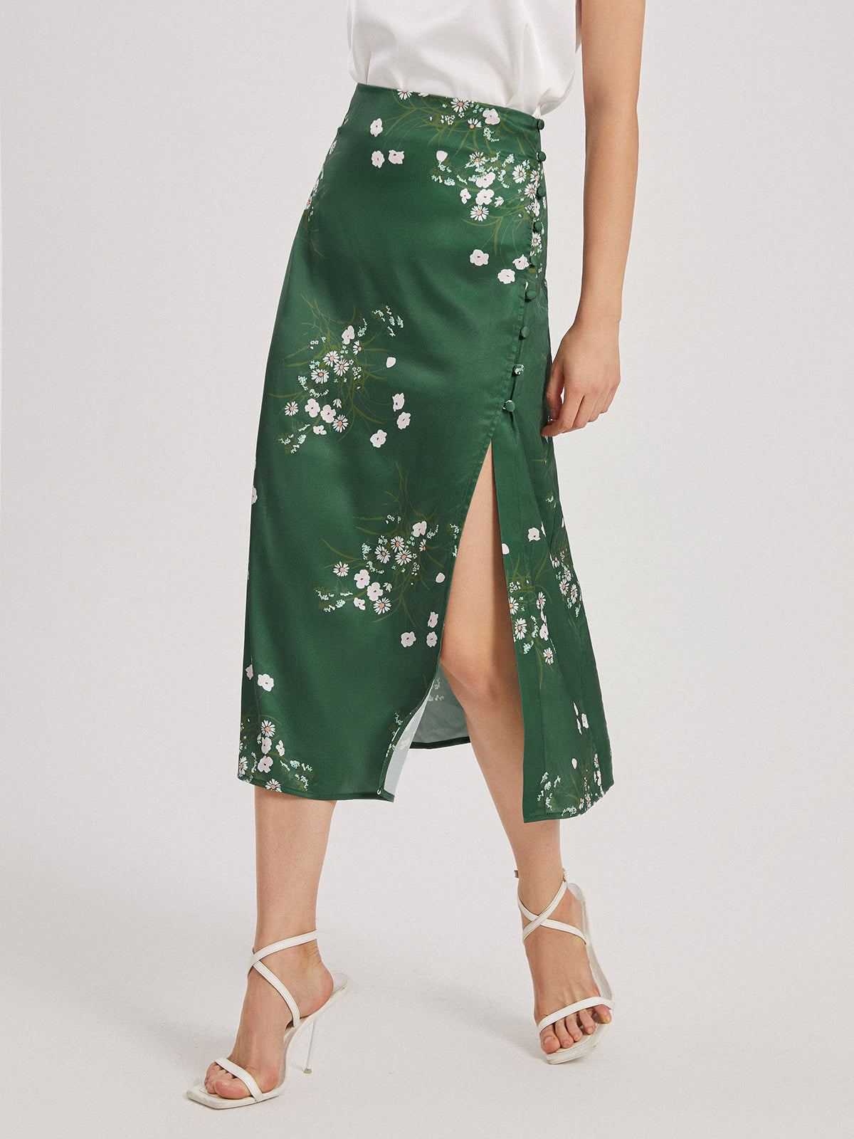 Floral Forest Emerald Green Satin Slit Skirt