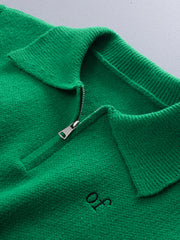 Solid Zip Collared Pullover Sweater