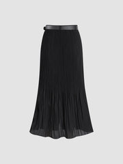 Pleated Belted Mesh Flowy Midi Skirt