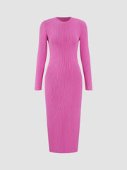 Pink Long Sleeve Rib Slit Midi Sweater Dress