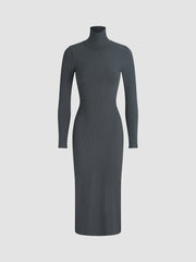 Mockneck Rib Long Sleeve Long Dress