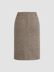 Houndstooth Side Button Zip Slit Midi Skirt