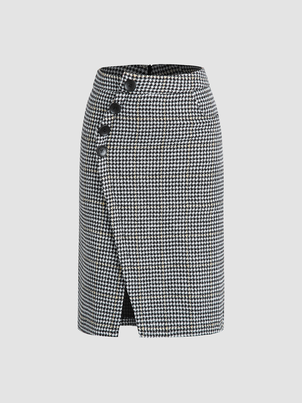 Houndstooth Side Button Zip Slit Midi Skirt