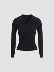 Collared Solid V-Neck Sweater