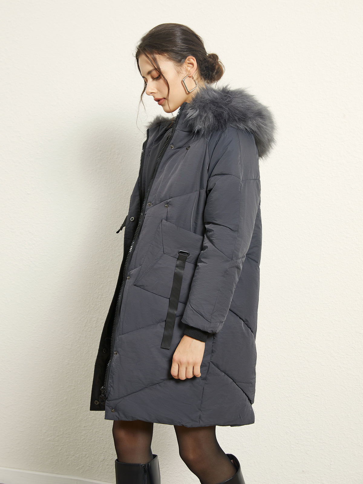 Lightweight Faux Fur Trim Quilted Parka Coat