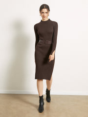 Mistglen Belted Slit Sweater Midi Dress