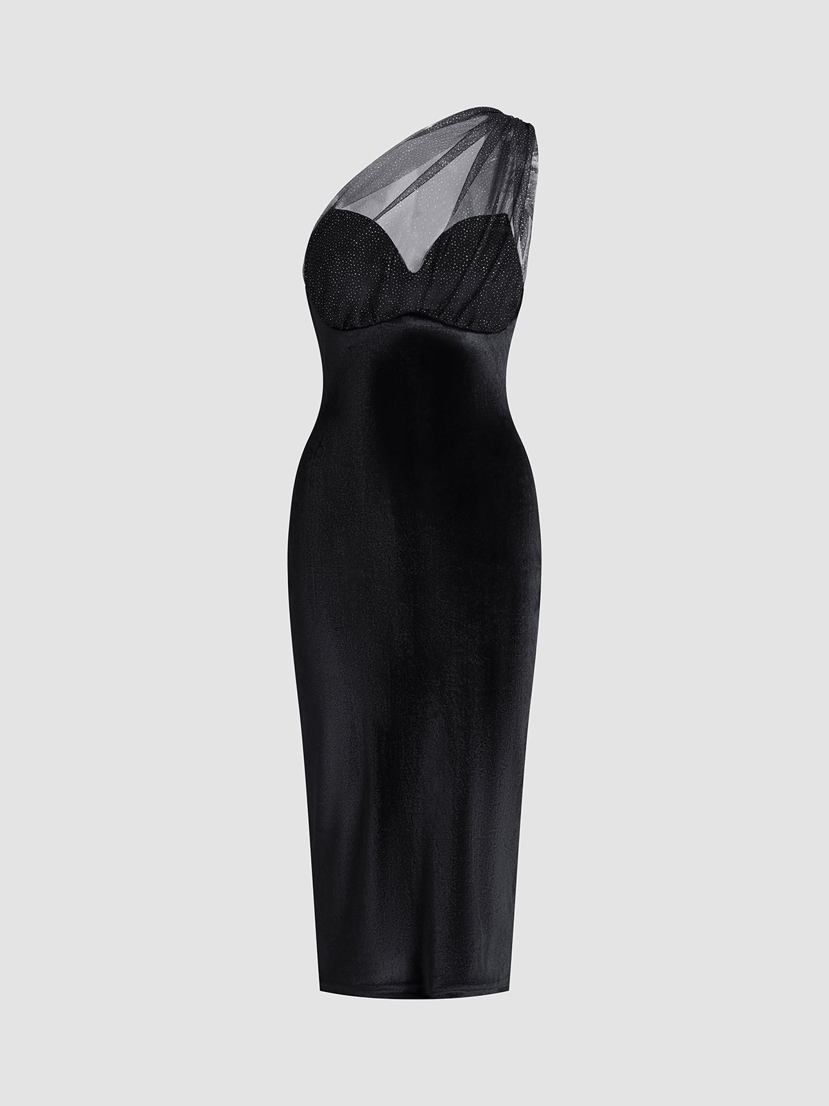 One Shoulder Mesh Velvet Zip Slit Midi Dress