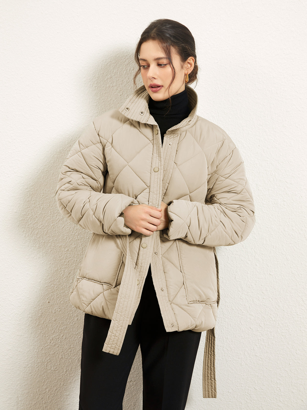 Stand Collar Puffer Quilted Trench Jacket