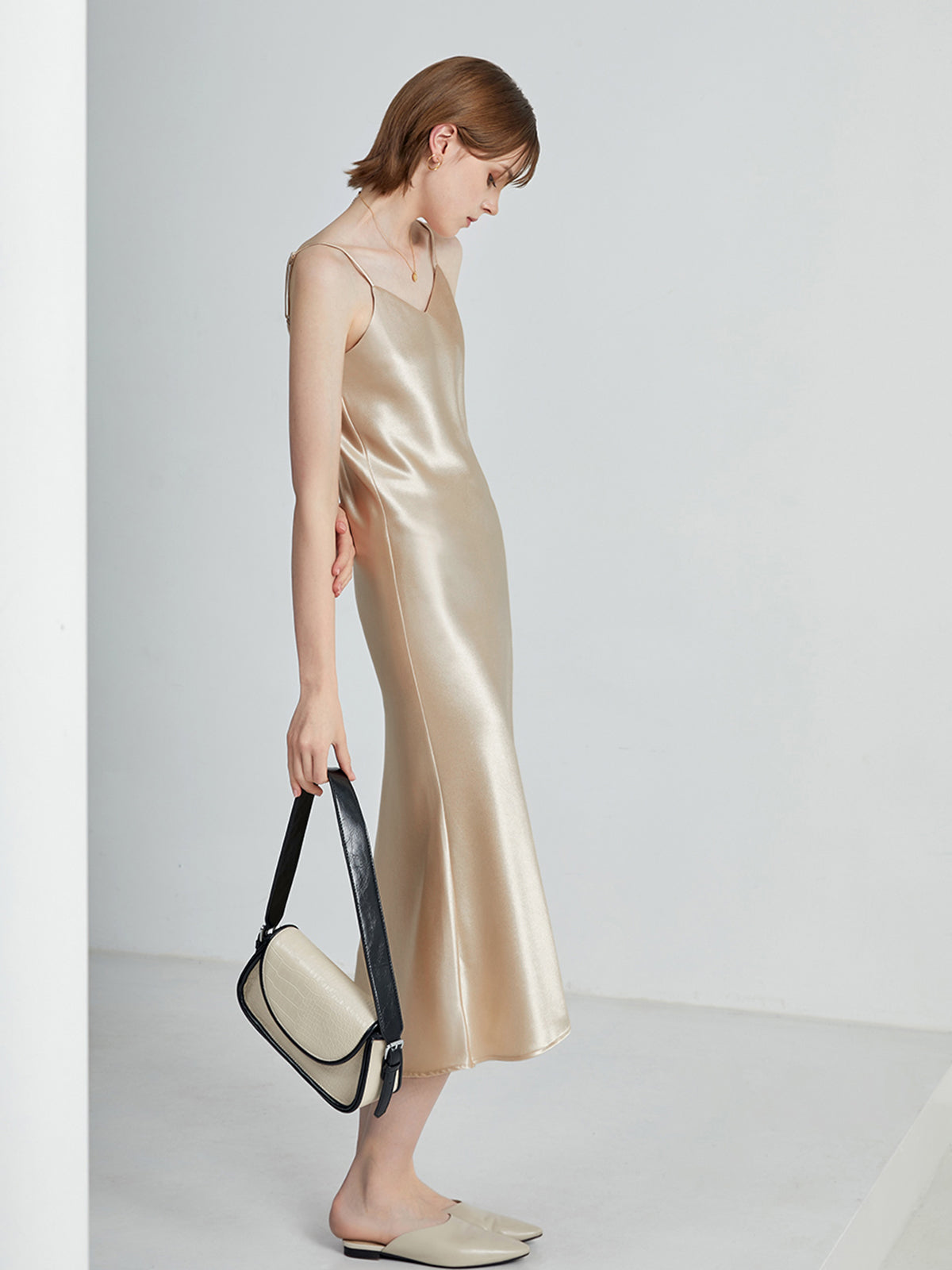 V-Neck Satin Strap Midi Dress