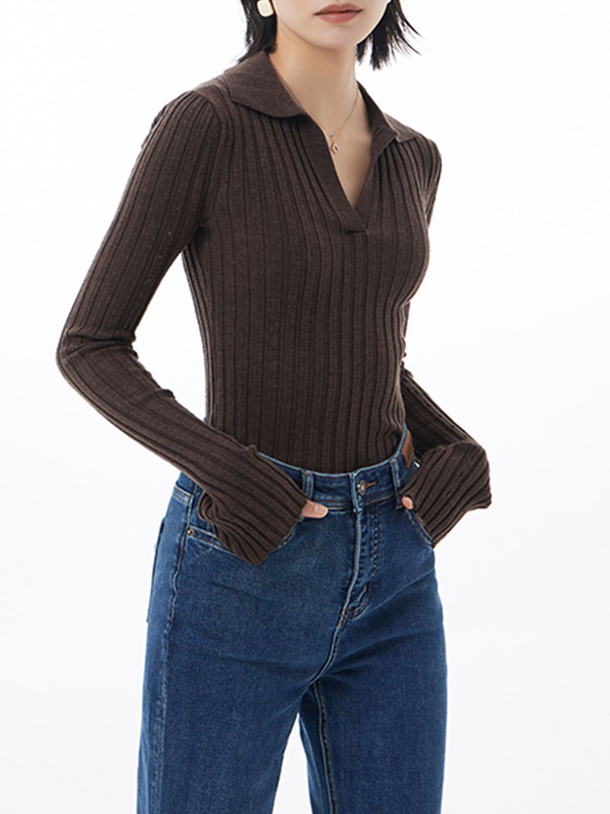 Open Collar Eyelet Knit Top