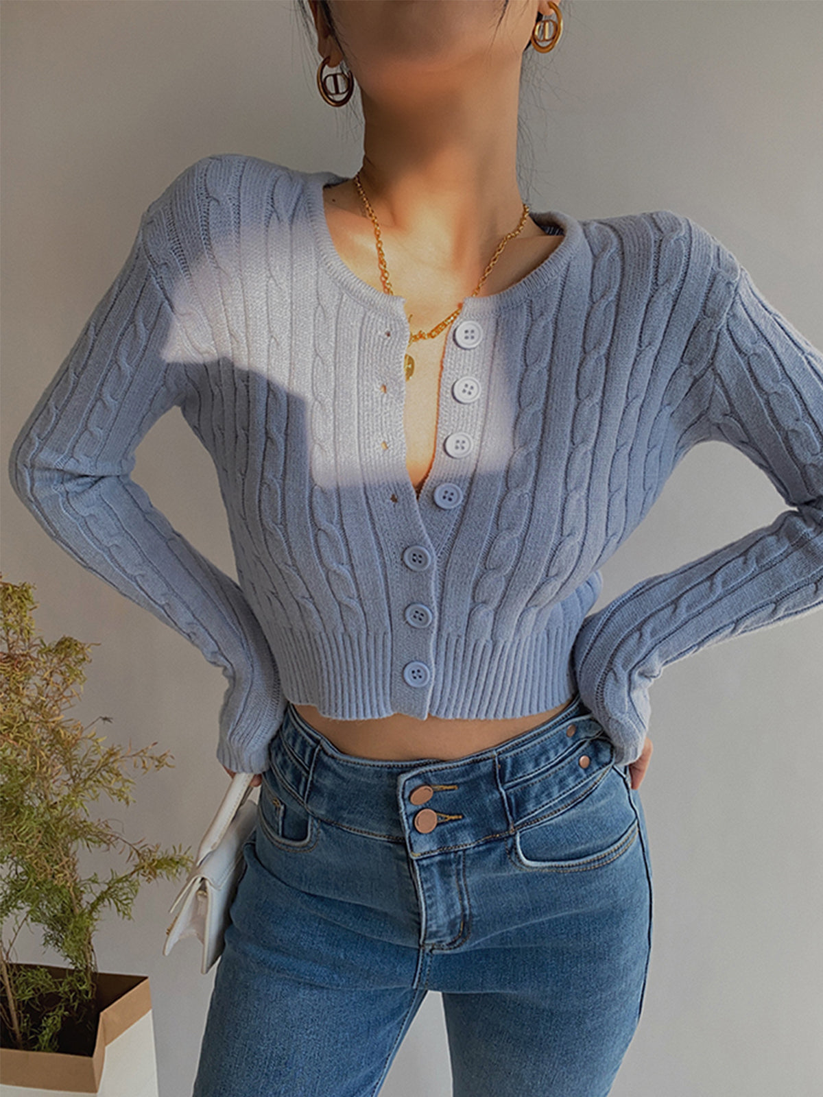 Textured Button Up Cropped Cardigan