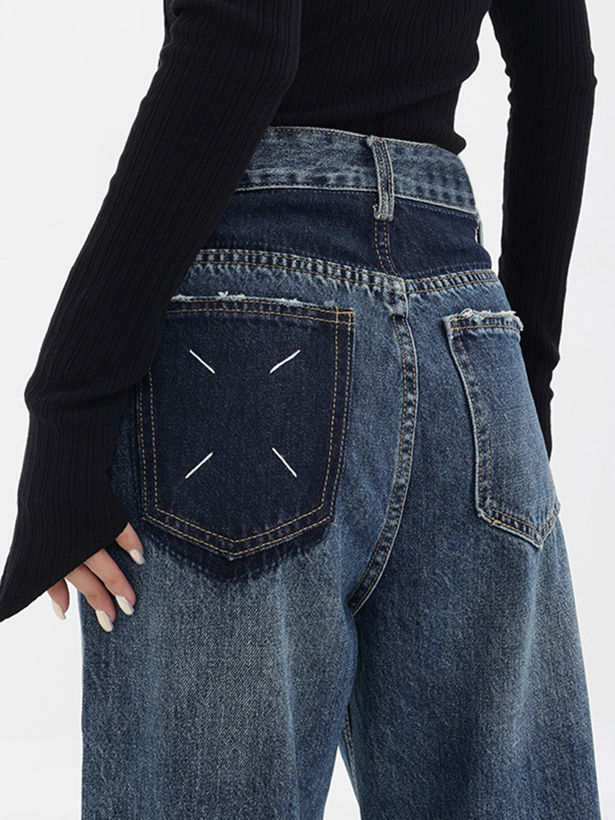 Patchwork Pockets Denim Wide Leg Boyfriend Jeans