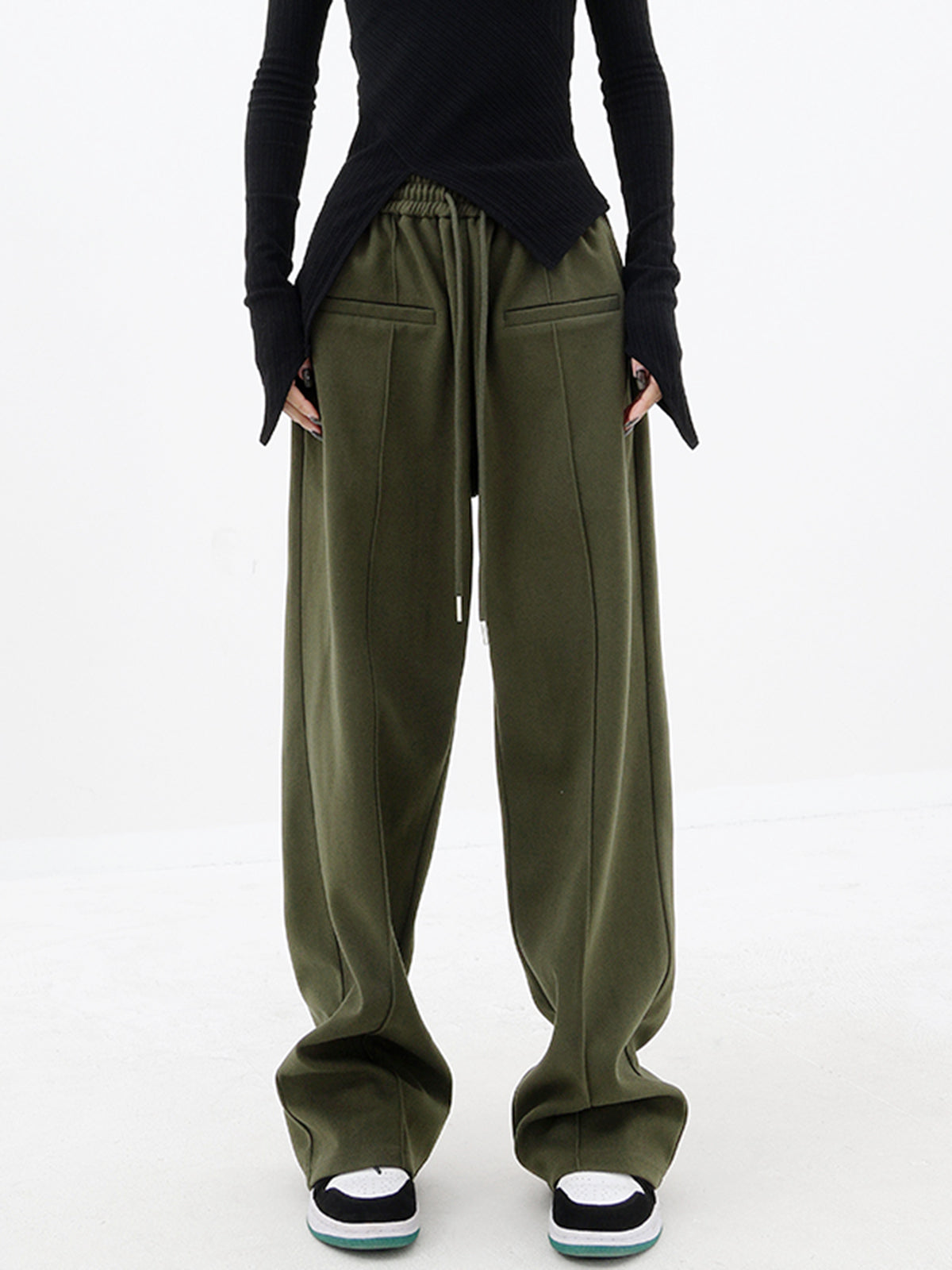 Olive Green Drawstring Baggy Wide Leg Pants