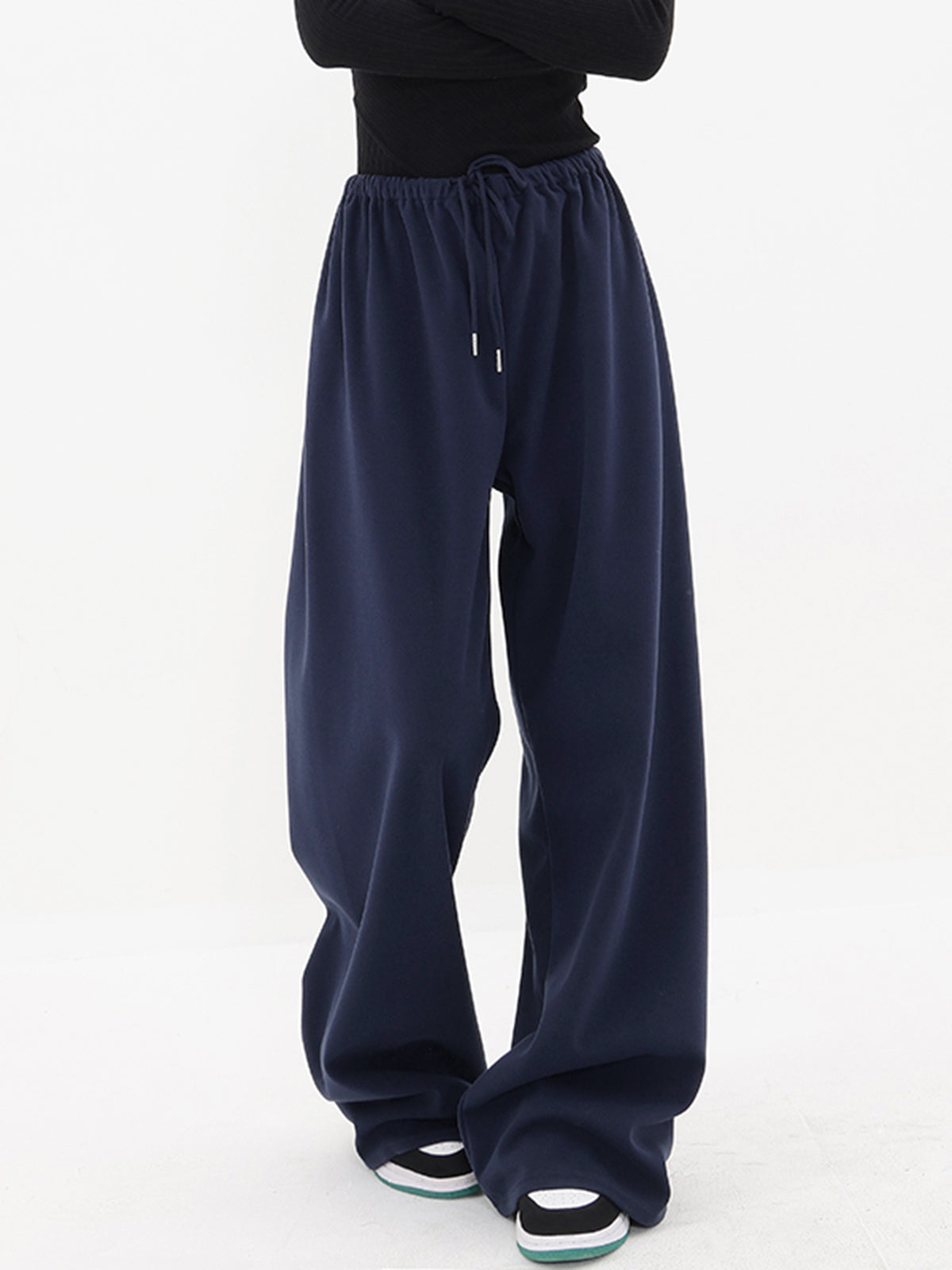 Navy Blue Drawstring Baggy Wide Leg Pants