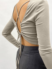 Cross Drawstring Open Back Long Sleeve Blouse