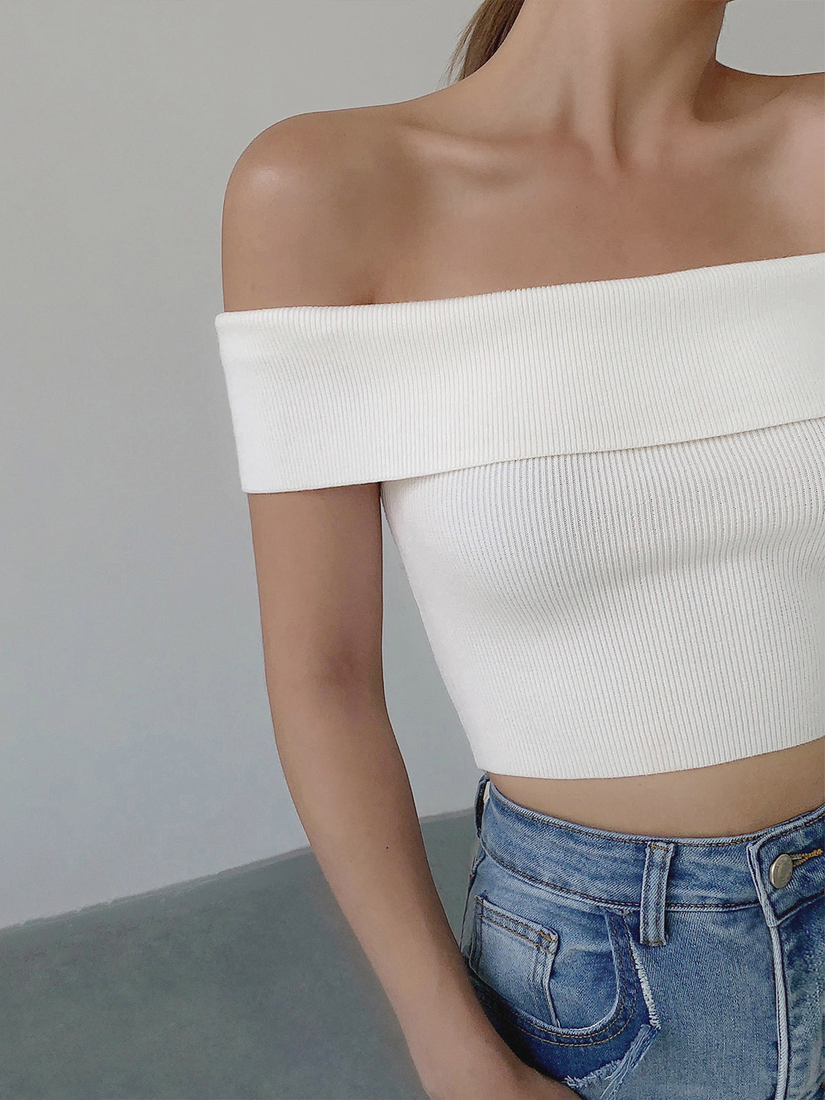 Mulberry Off Shoulder Crop Knit Top