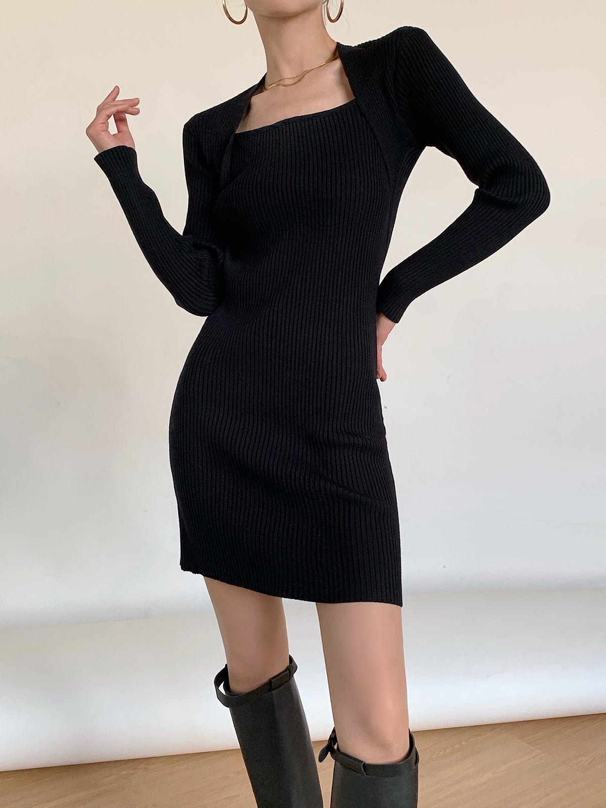 Square Neck Ribbed Sweater Dress