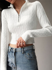 Zip Up Stand Collar Knit Top