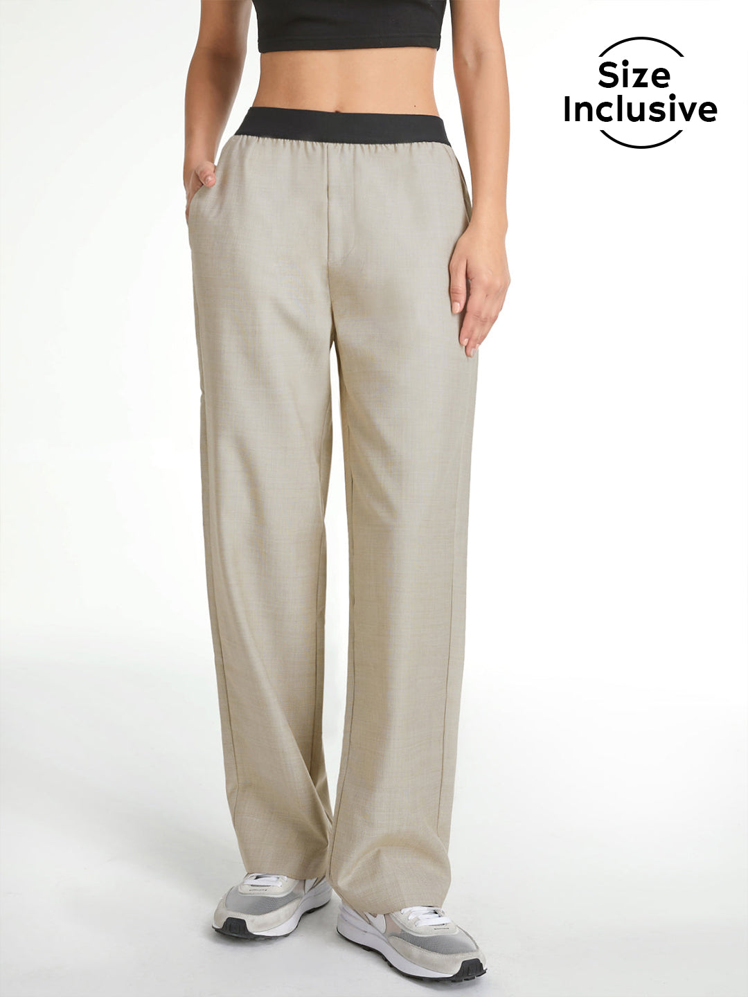 High Waisted Relaxed Fit Straight Leg Trousers With Athletic Waistband