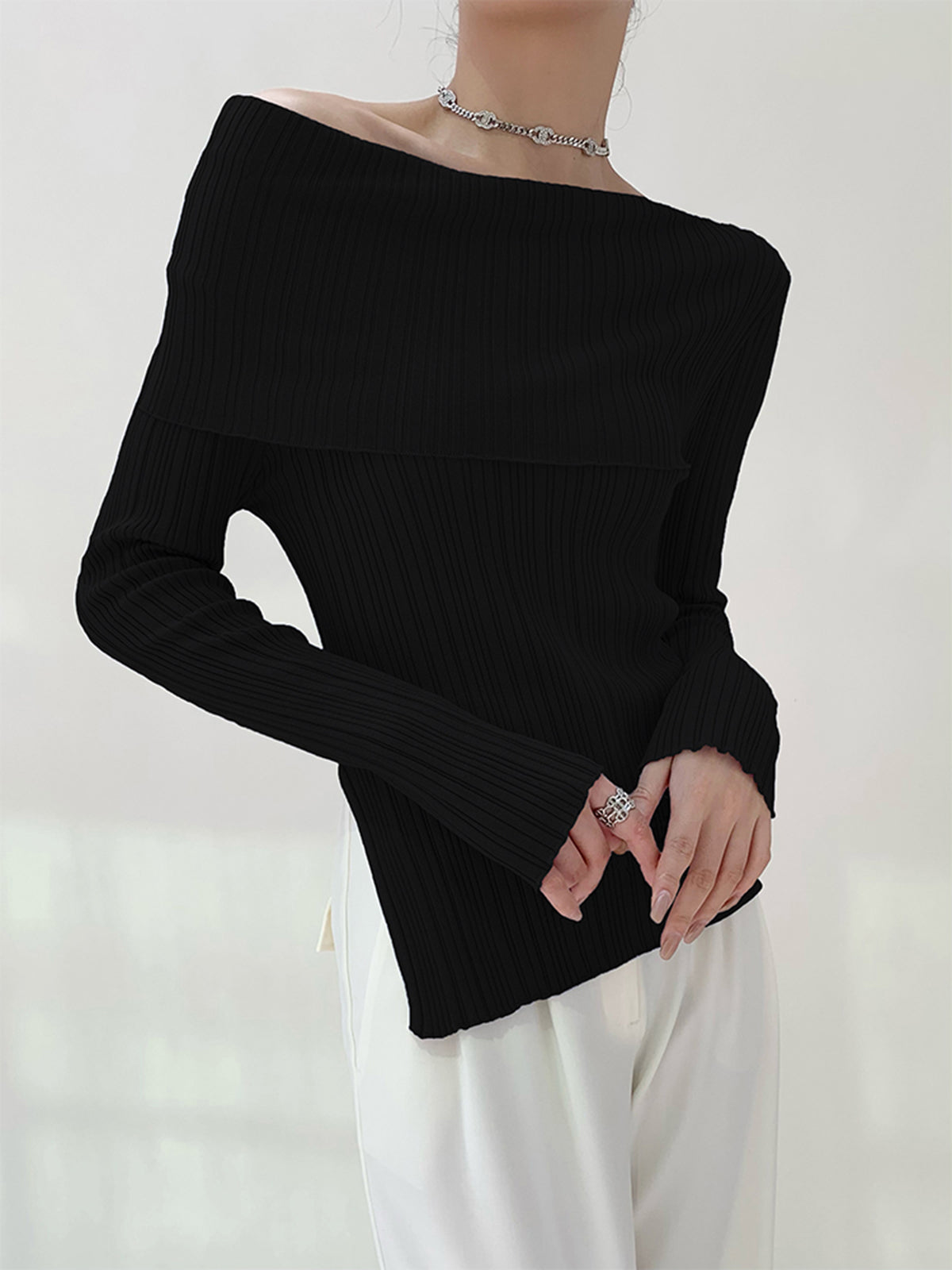 Off Shoulder Textured Long Sleeve Shirt