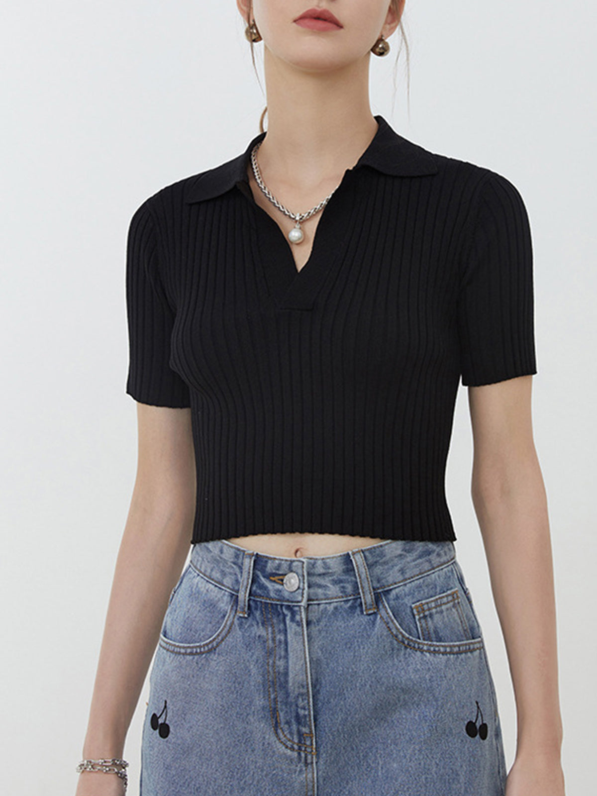 Crop Collared Polo Knit Top