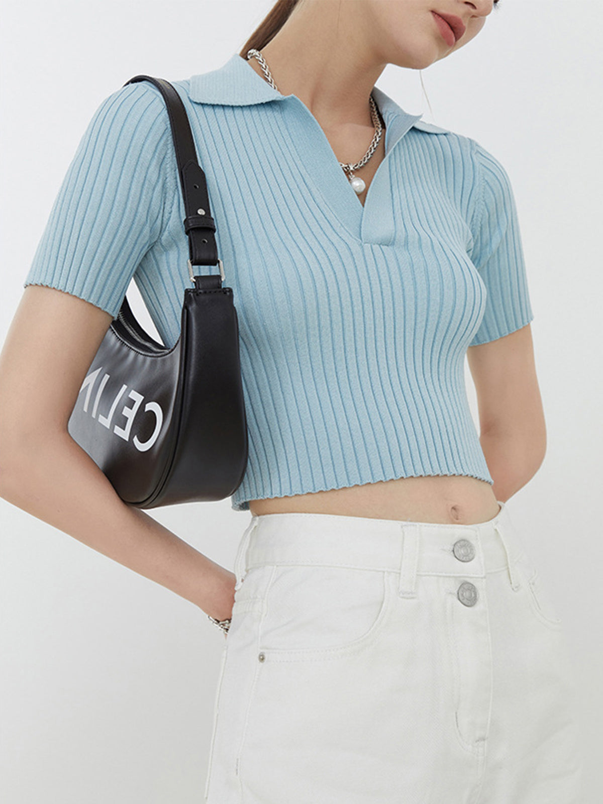 Crop Collared Polo Knit Top