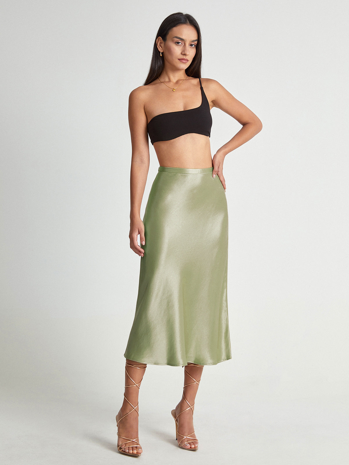 High Waisted Satin Flowy Midi Skirt