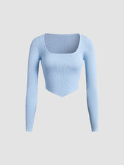 Solid Square Neck Ribbed Crop Shirt