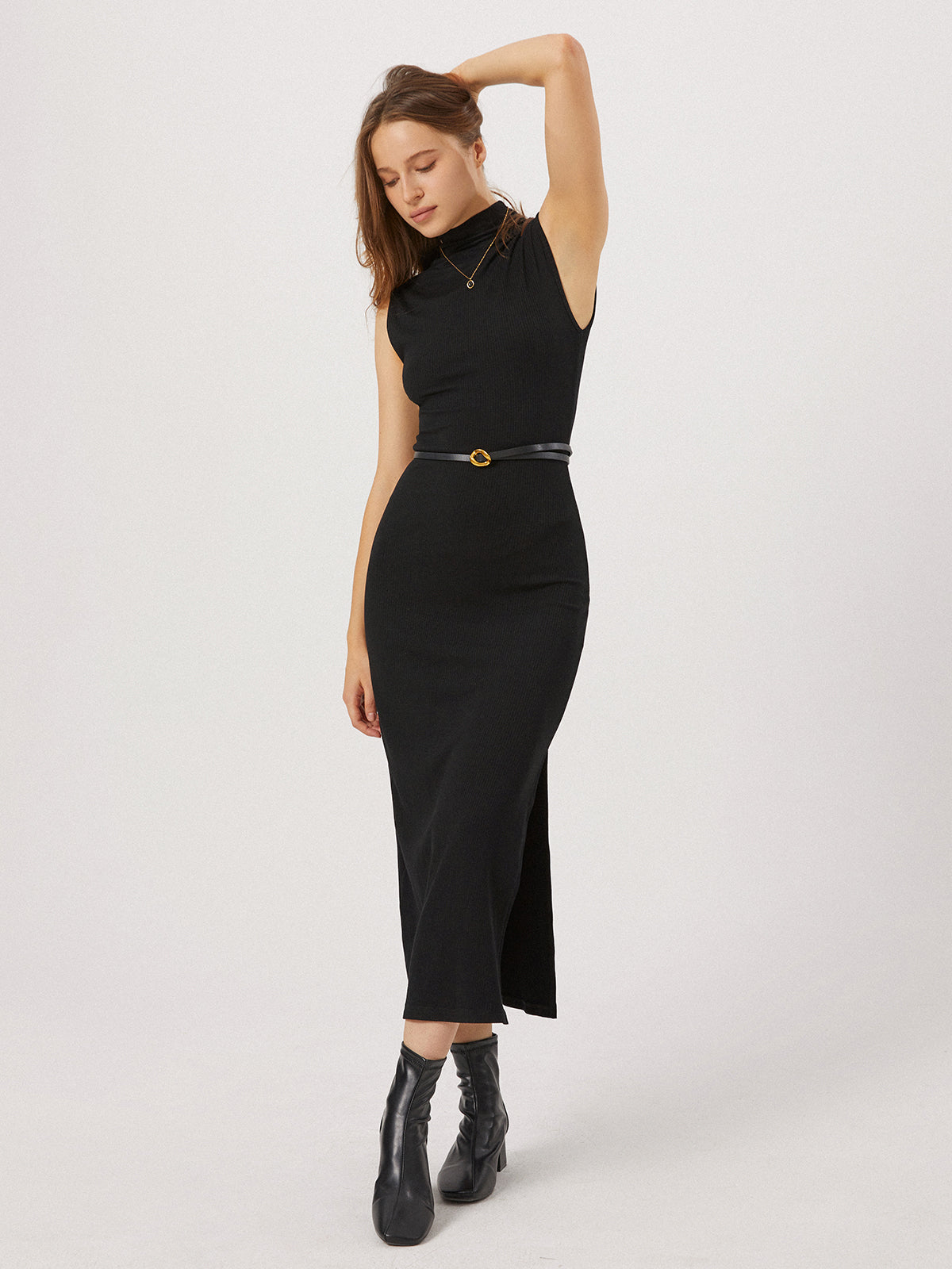 Opening Night Slit Mock Neck Long Dress