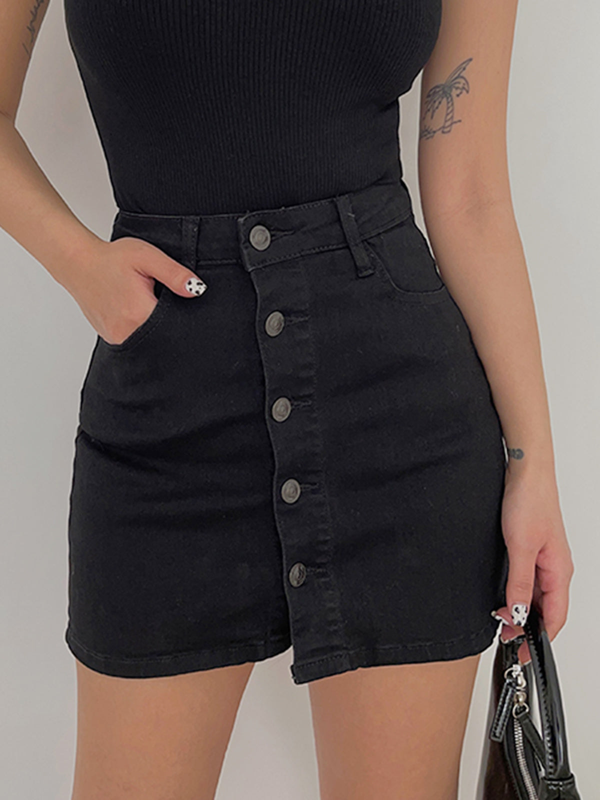 Button Up Black Denim Skort