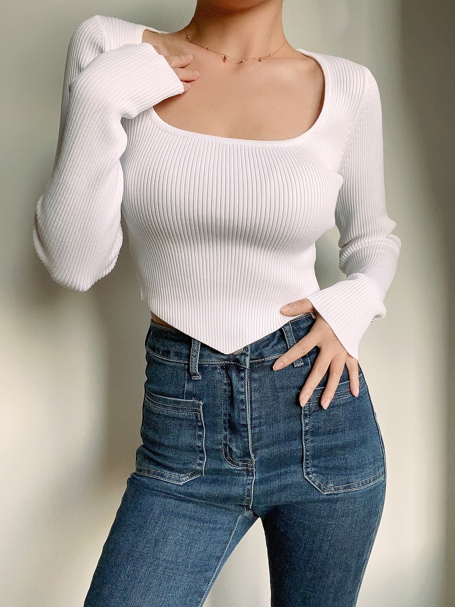 Solid Square Neck Ribbed Crop Shirt