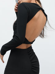 Open Back Twist Long Sleeve Crop Shirt