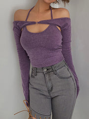 Mauve Shrug Off Shoulder Halter Top