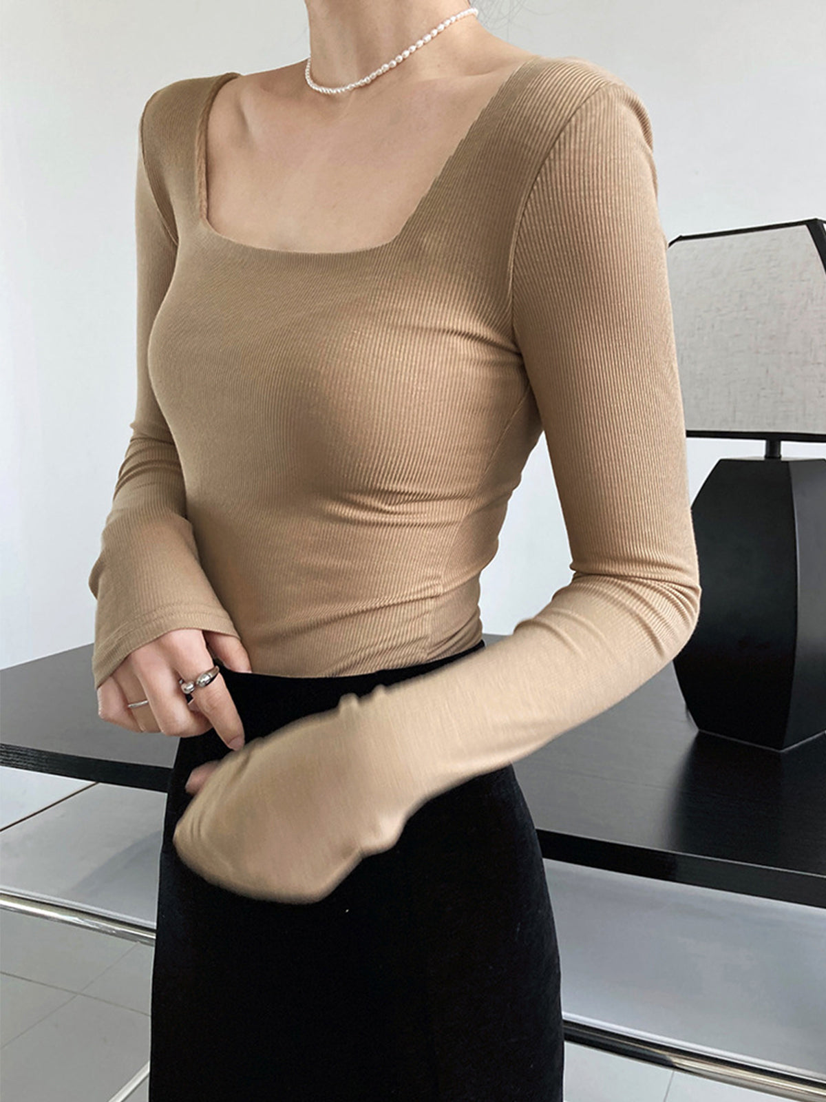 Ribbed Square Neck Long Sleeve Shirt