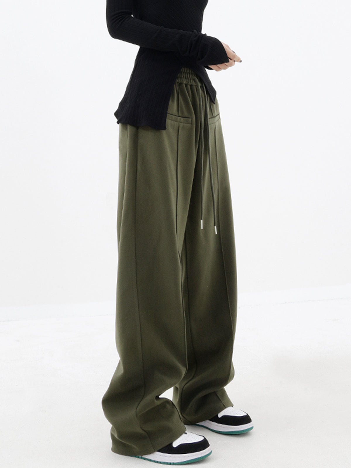 Olive Green Drawstring Baggy Wide Leg Pants